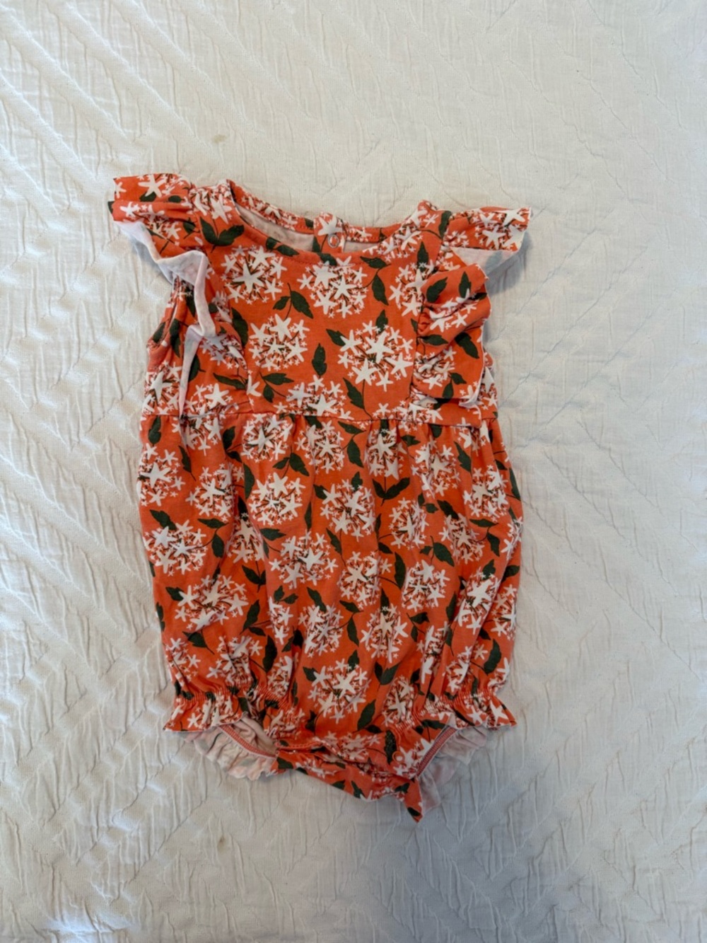 Floral Ruffle Baby Bubble Romper in Coral/Orange and White- 3-6 month size